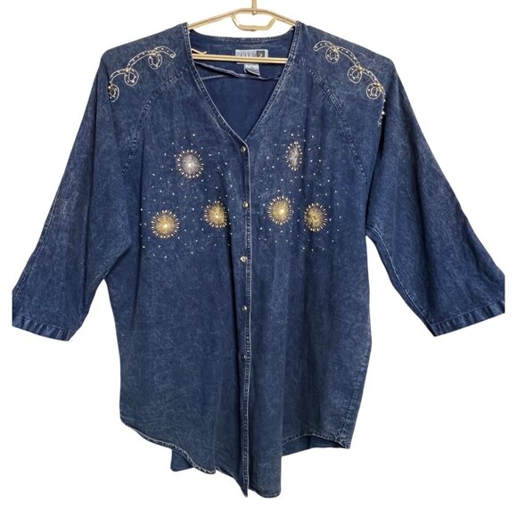 Club Z Denim 80s Shirt Jacket VTG Women 3X Blue Embroidered Sequin Retro flaw